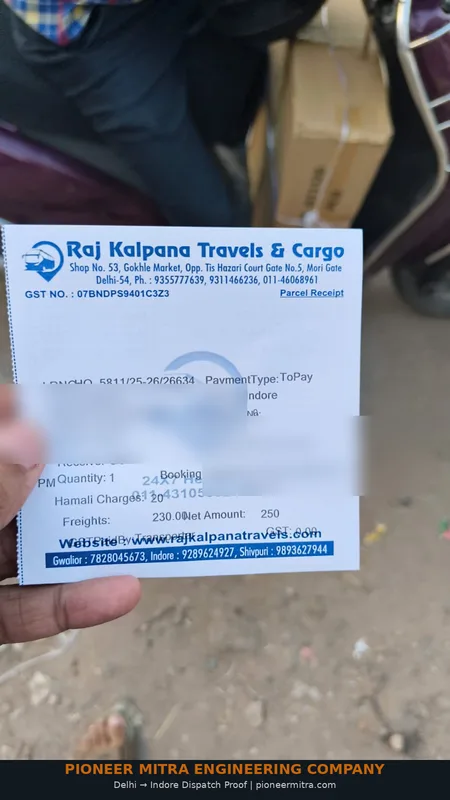 Raj Kalpana Travels cargo receipt — Delhi to Indore spare parts dispatch by Pioneer Mitra