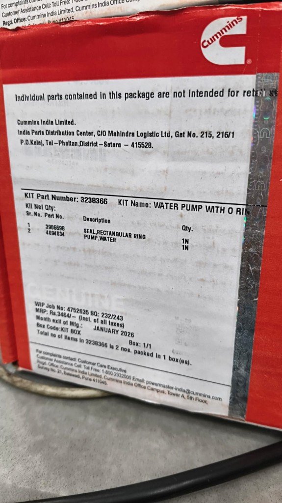 Cummins 3238366 kit box label close-up 4094034 PUMP WATER 3906698 SEAL — warehouse verification photo