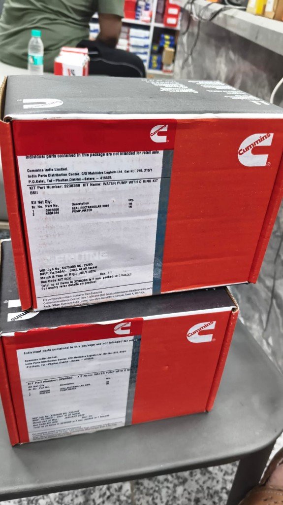 Cummins 3238366 WATER PUMP WITH O RING KIT BSIII two red box labels — warehouse photo India export