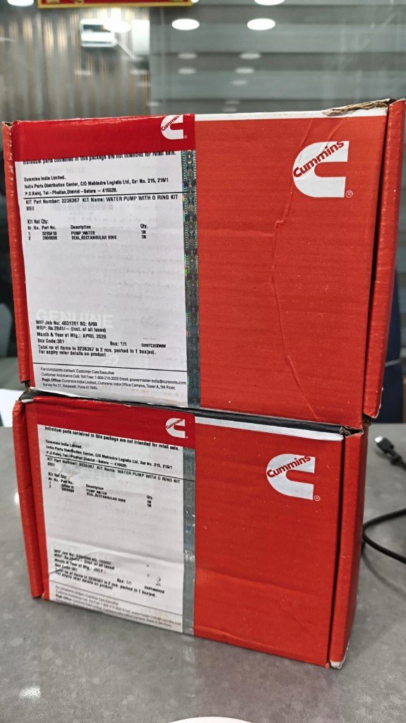 Cummins 3238367 WATER PUMP WITH O RING KIT BSIII box labels — warehouse source photo Pioneer Mitra