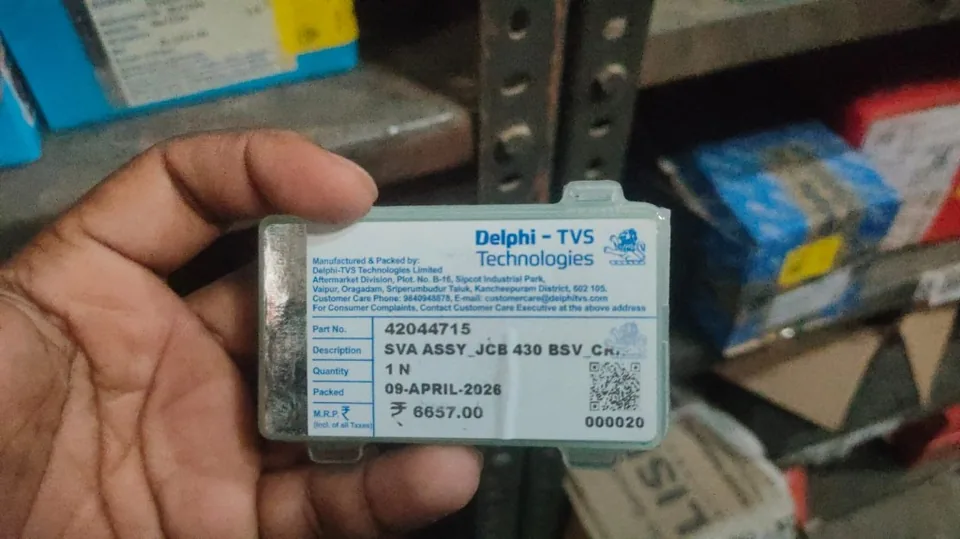 Delphi-TVS Technologies part 42044715 SVA ASSY JCB 430 BSV common rail injector control valve packaging label MRP 6657 — warehouse photo Pioneer Mitra India export