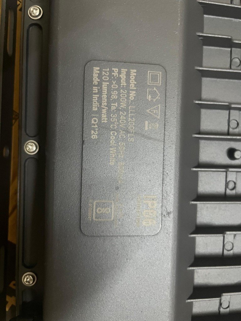 LEDURE nameplate LLL200FLS 200W 240V AC 50Hz PF>0.98 Cool White 120 lm/W IP66 Made in India BIS — physical verification — Pioneer Mitra