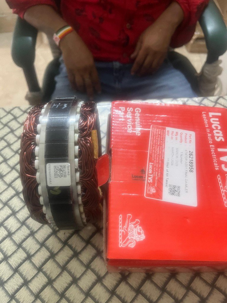 Lucas TVS cross-reference alternator stator assembly 26218958 STATOR ASSY FINAL-DAIMLER in red Lucas TVS Limited Chennai box March 2024 — warehouse photo — Pioneer Mitra independent export supplier India