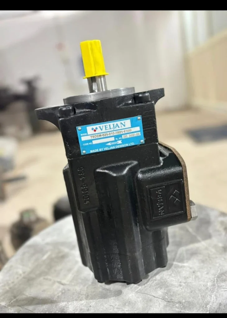 Veljan T6CCW-025-010-2R01-C100 hydraulic vane pump nameplate verified at source India — MODEL T6CCW-025-010-2R01-C100 cast code 934-59104 Pioneer Mitra export desk