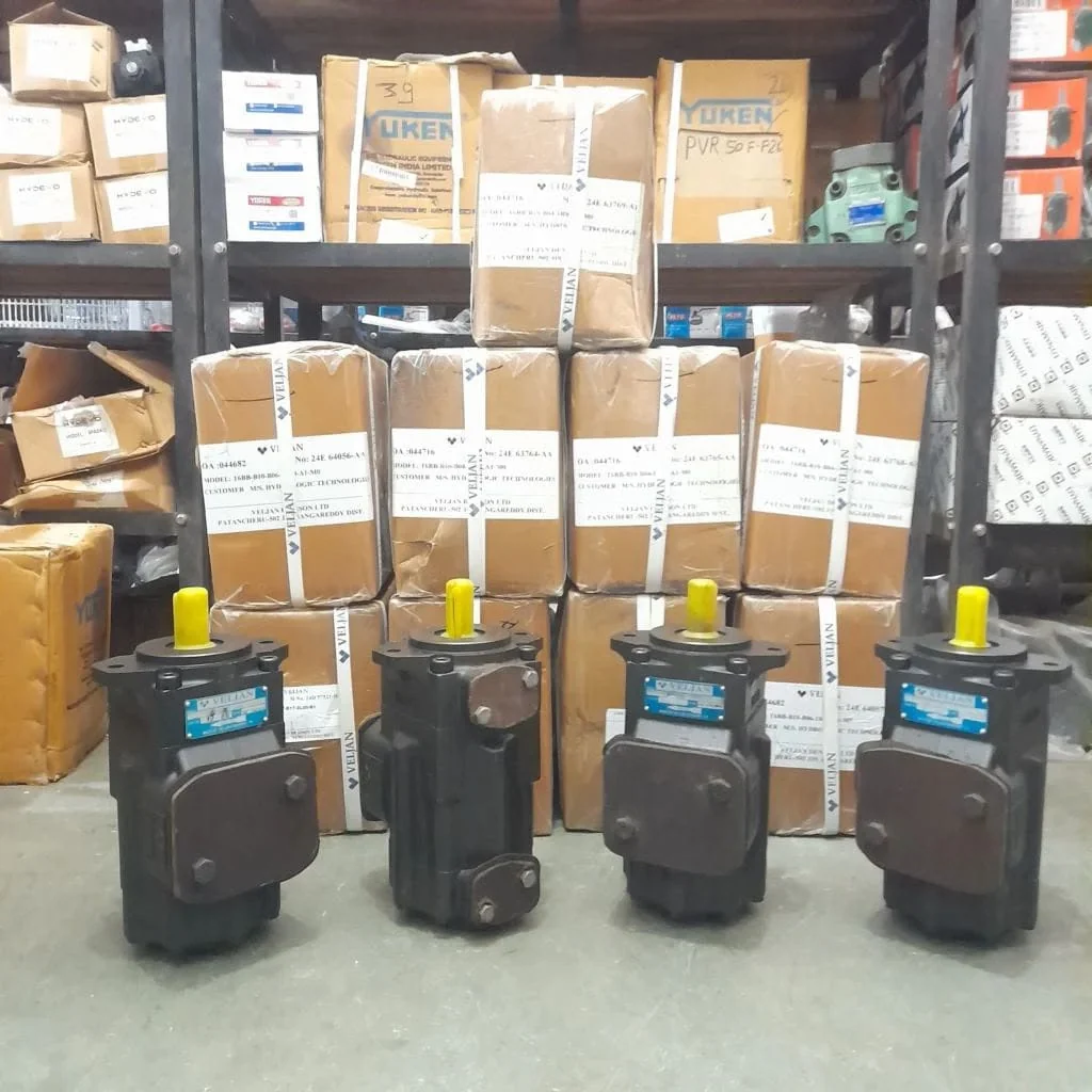 Veljan hydraulic pumps inspected at source India — T6CCW row with Veljan strapping Patancheru sourcing desk Pioneer Mitra