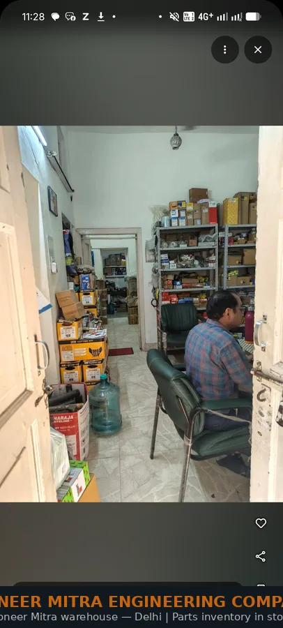 Pioneer Mitra Engineering Company Delhi warehouse — heavy equipment spare parts stock on shelves