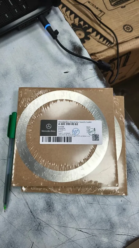 A6819900082 SCHEIBE compensating disc close-up — part number label Mercedes-Benz Original-Teile Made in Germany Pioneer Mitra export