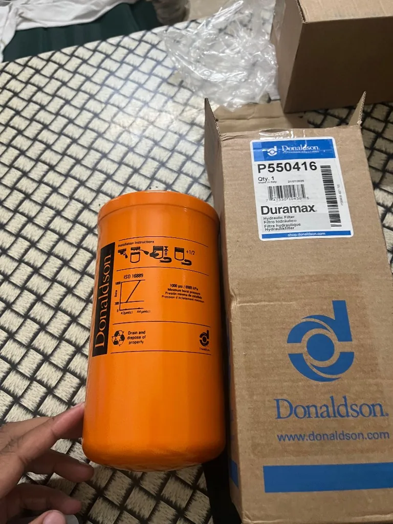 Donaldson Duramax P550416 hydraulic spin-on filter with retail box — Made in Italy label warehouse export photo Pioneer Mitra