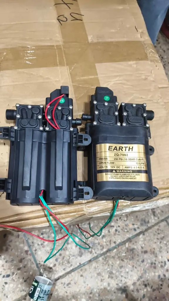 EARTH ZQ-7002 12V dual diaphragm pump 250 PSI 12 LPM nameplate