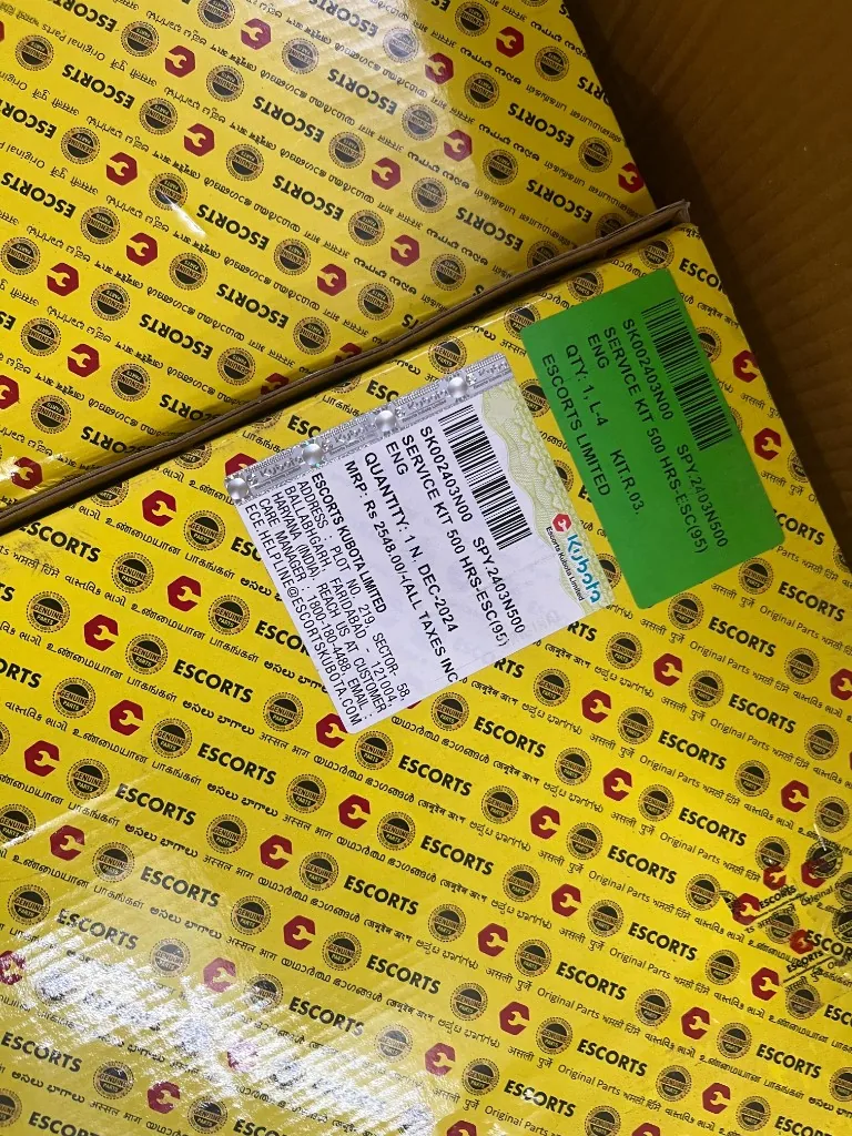 Part No. SK002403N00 SERVICE KIT 500 HRS-ESC(95) KIT.R.03 label MRP ₹2548 DEC-2024 Escorts Kubota Limited close-up