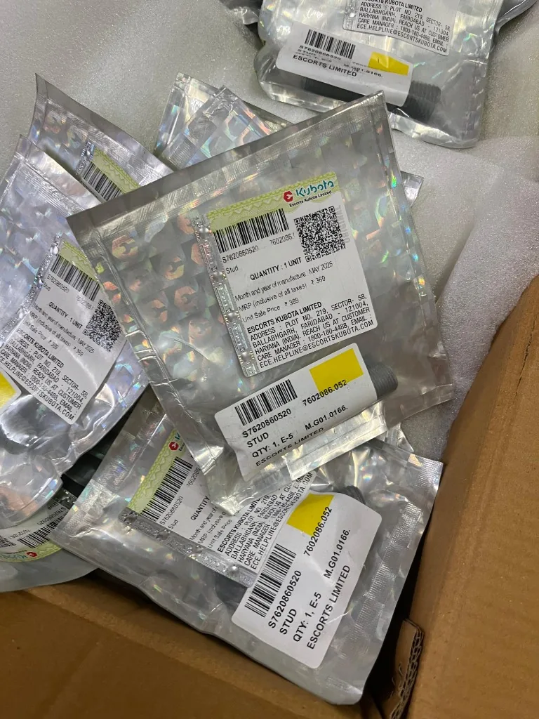 STUD Part No. S7620860520 / 7602086.052 in Escorts Kubota holographic Genuine Parts bag MRP ₹369 warehouse photo
