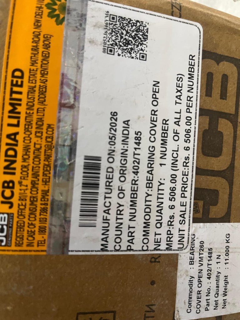 JCB India genuine parts box label 402/T1485 MRP 6506