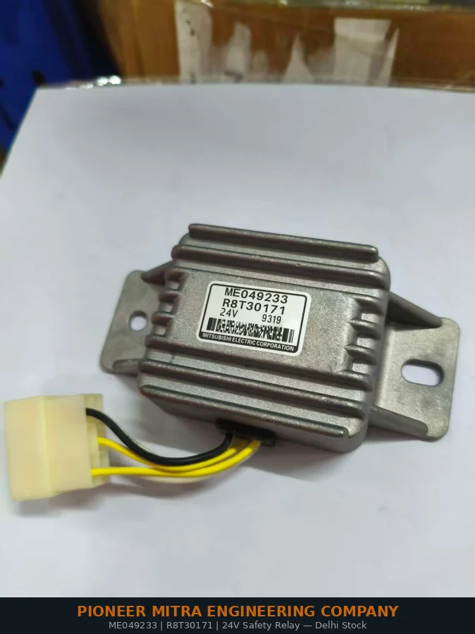 Mitsubishi ME049233 R8T30171 24V safety relay front label — Pioneer Mitra Delhi stock