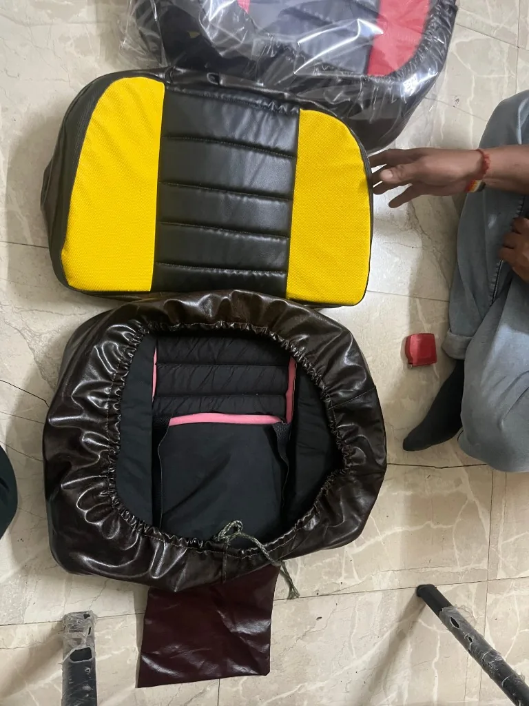 PU tractor seat cover back and base with elastic edge — red and black variant in export bag warehouse photo