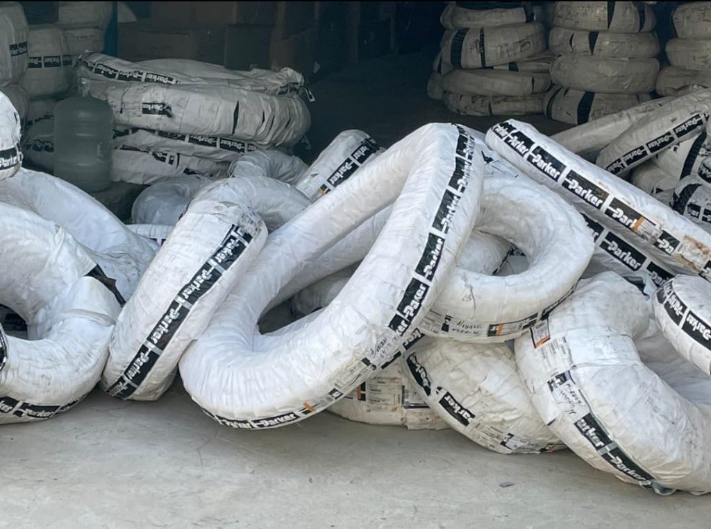 Parker hydraulic hose coils in warehouse wrapping