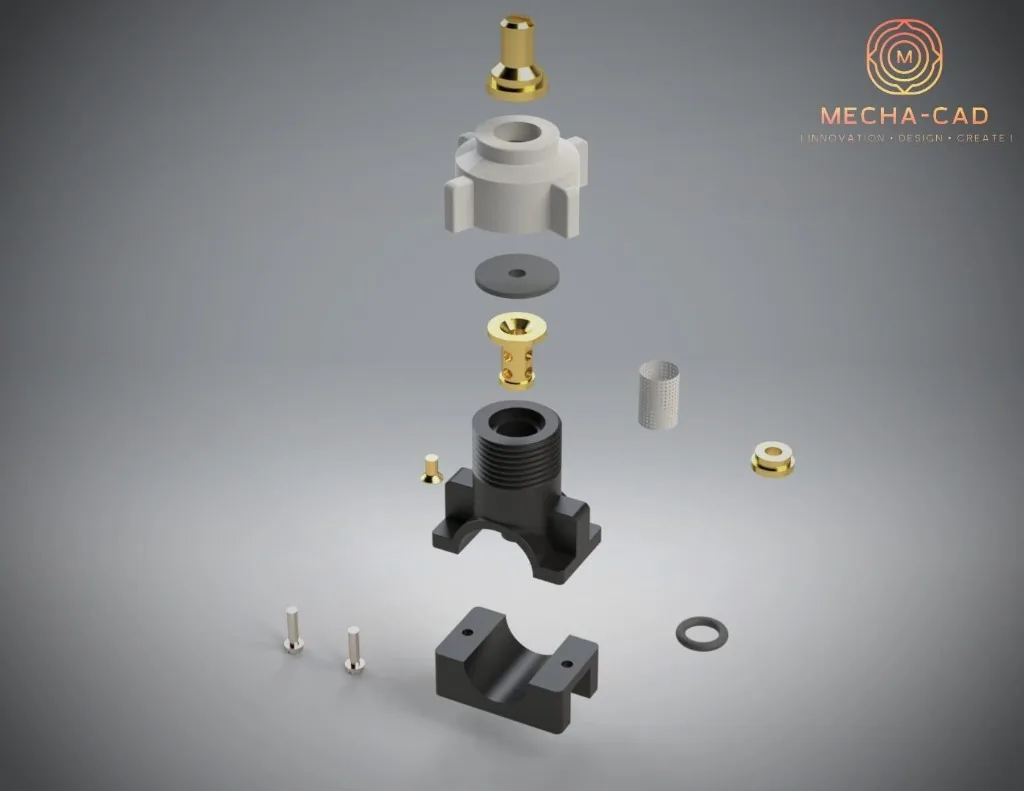 Road roller spray nozzle exploded CAD view 9-component assembly breakdown