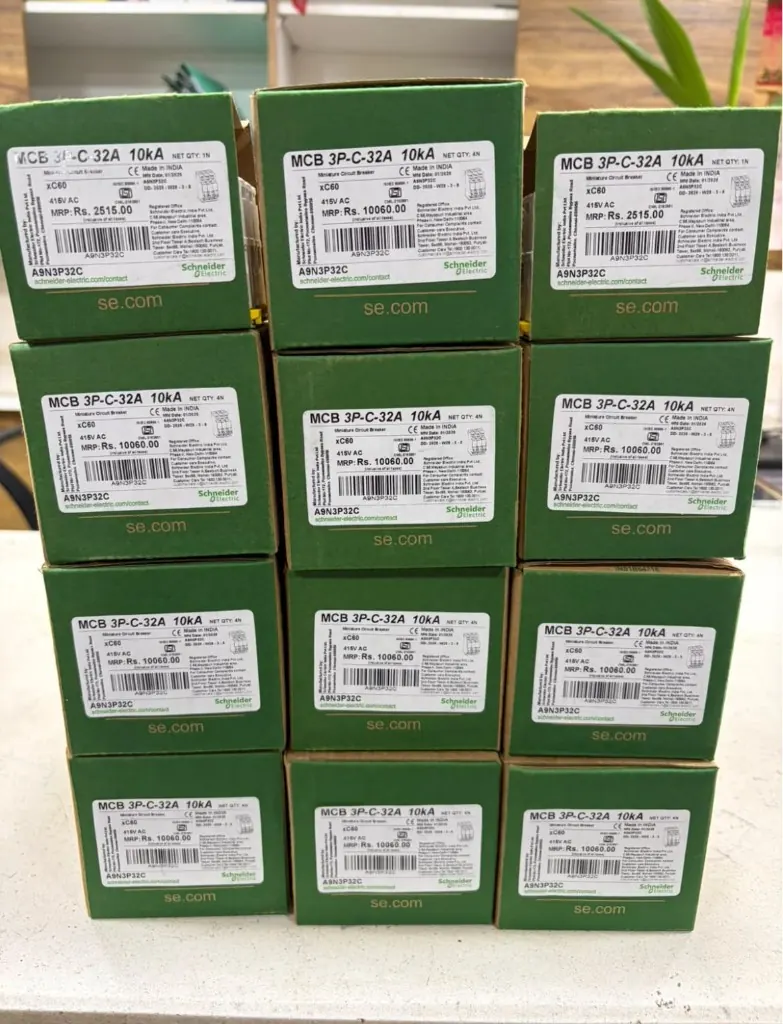 Schneider Electric A9N3P32C xC60 MCB cartons 3P-C-32A 10kA stacked Made in India