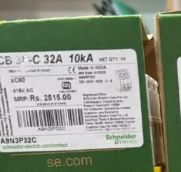 Schneider A9N3P32C MCB carton label NET QTY 1N MRP Rs 2515 xC60 415V AC