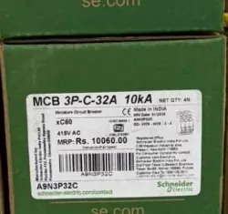 Schneider A9N3P32C MCB carton label NET QTY 4N MRP Rs 10060 xC60 415V AC