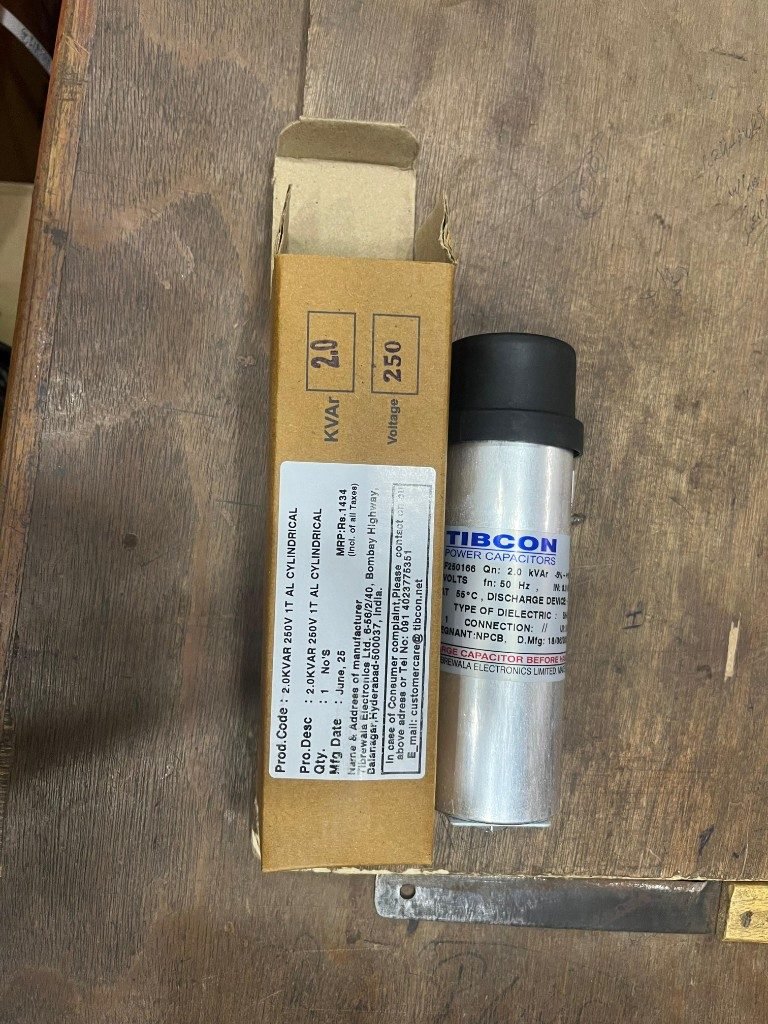 TIBCON 2.0 kVAR 250 V cylindrical capacitor rating label