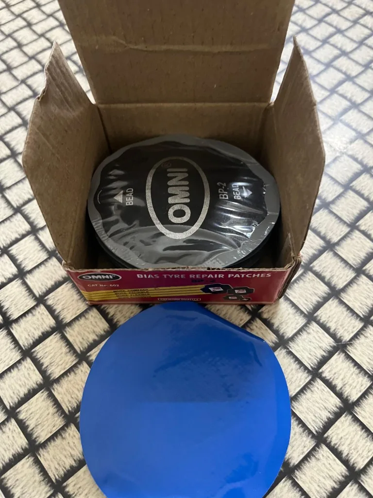 Omni BP-2 bias tyre repair patch CAT No 602 retail box with single patch — BIAS TYRE REPAIR PATCHES premium quality warehouse export photo Pioneer Mitra