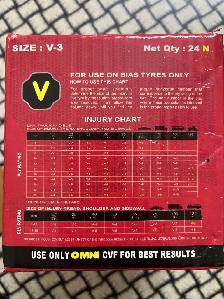 Omni Patch V3 box back injury chart — SIZE V-3 24N FOR USE ON BIAS TYRES ONLY USE ONLY OMNI CVF warehouse photo