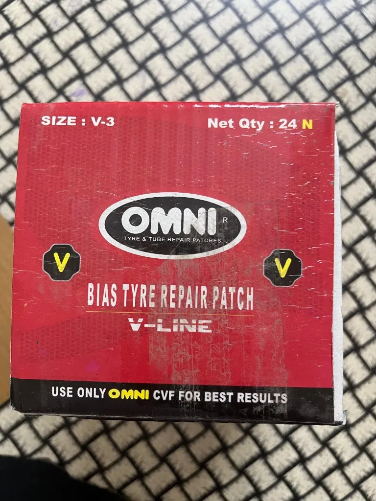 Omni V-3 V-LINE bias tyre repair patch retail box front — SIZE V-3 Net Qty 24N BIAS TYRE REPAIR PATCH warehouse export photo Pioneer Mitra